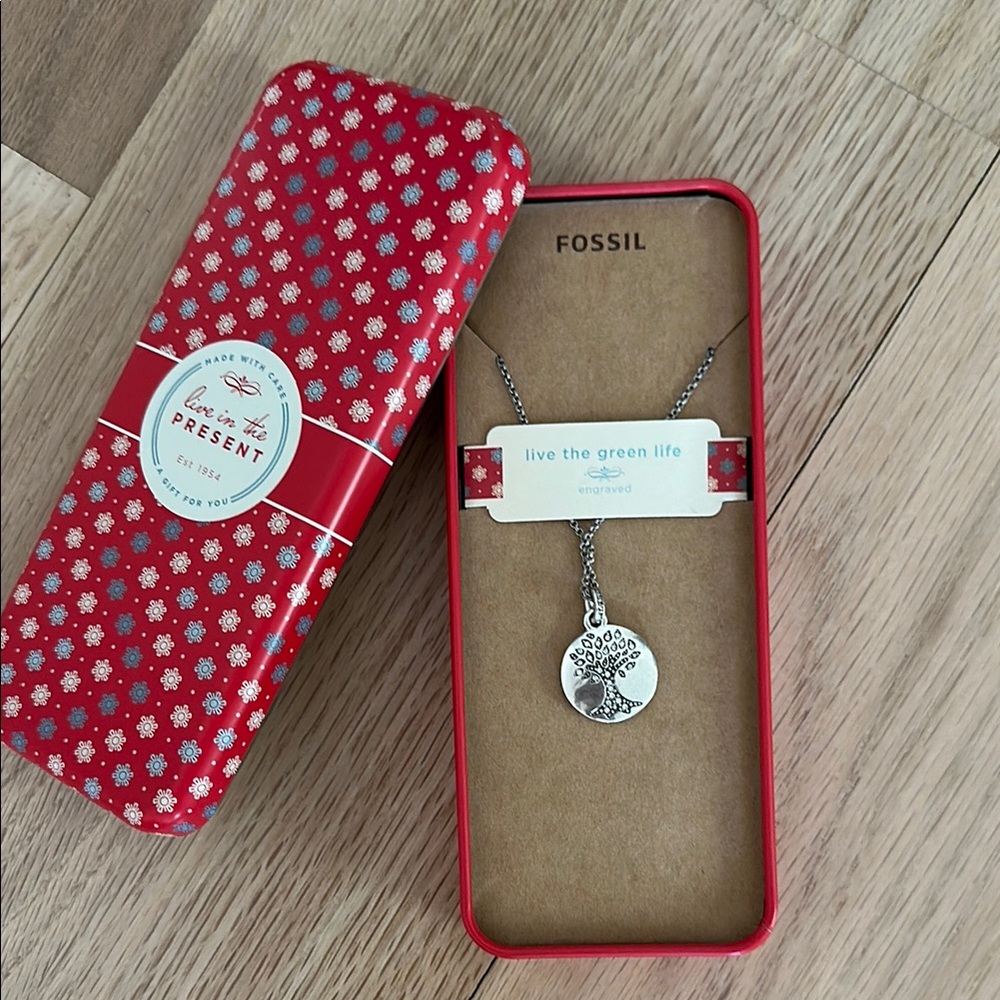 Fossil Silver Pendant Necklace in Red Box